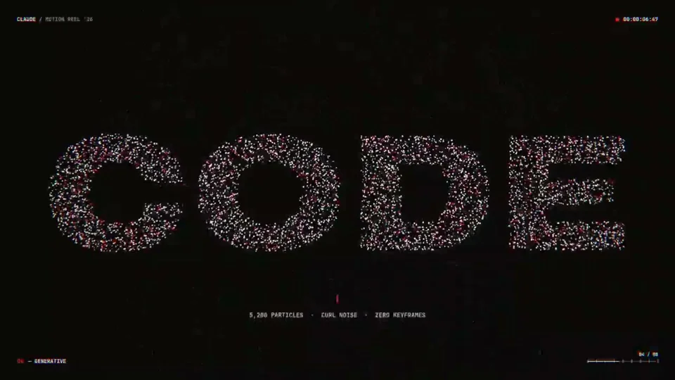 Particles assemble the word 'code' on black