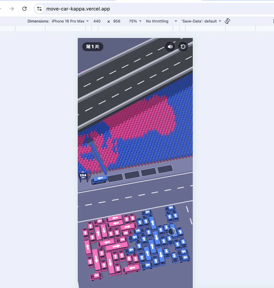 Pink and blue cars fill a parking puzzle in a mobile web game