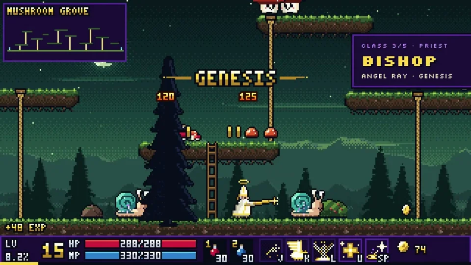 Pixel heroes fight King Shroom in a Maplestory-style RPG