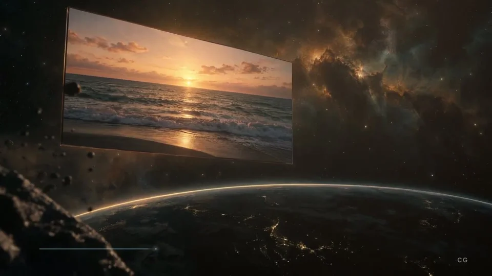 Floating sunset screen over Earth in a VR glasses ad