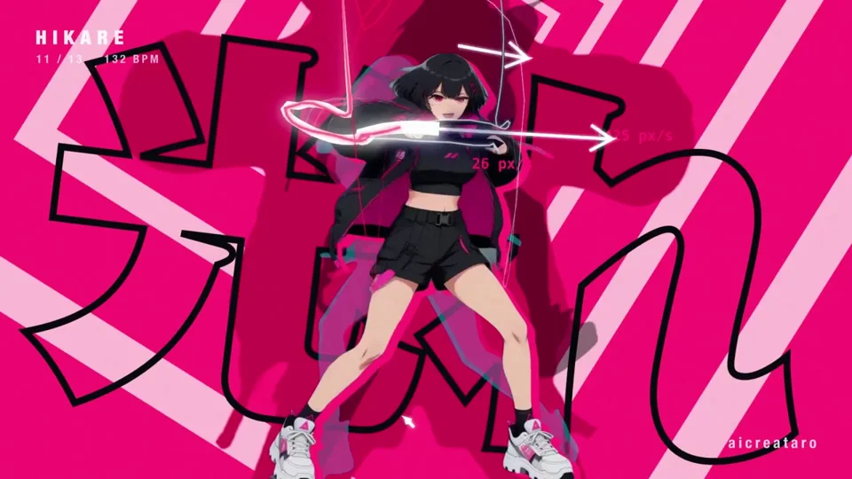 Dancing anime girl tracked by skeleton-driven kinetic type