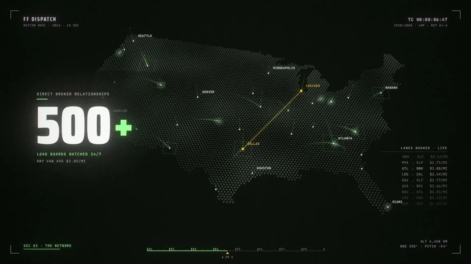 US freight-broker dashboard reel with a live map