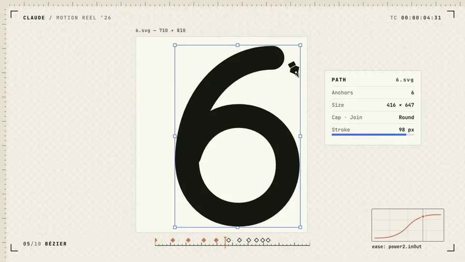 Bézier-path "6" drawn in a type-design reel