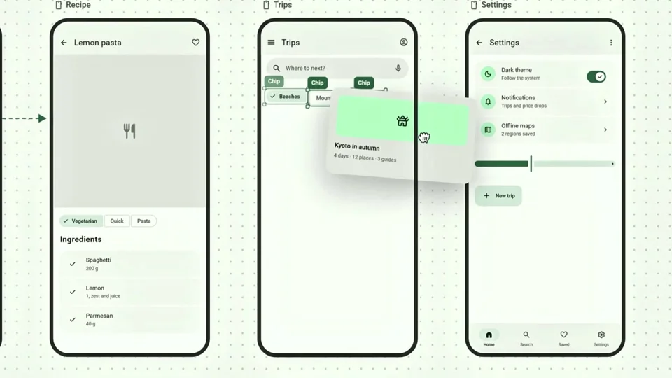 Material 3 phone screens rearrange on a dotted canvas