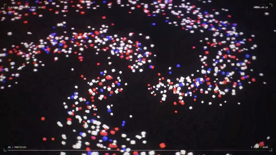 Claude wordmark motion reel with voxel waves and particles