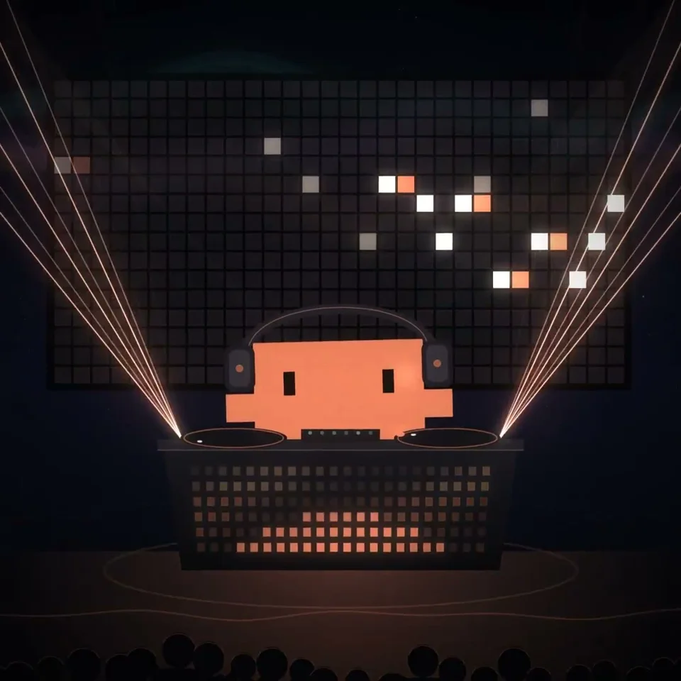 Pixel DJ mascot spins under lasers and an LED wall