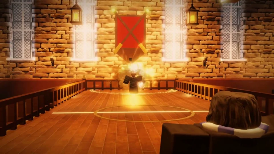 Spell glows in a Hogwarts-style Roblox hall