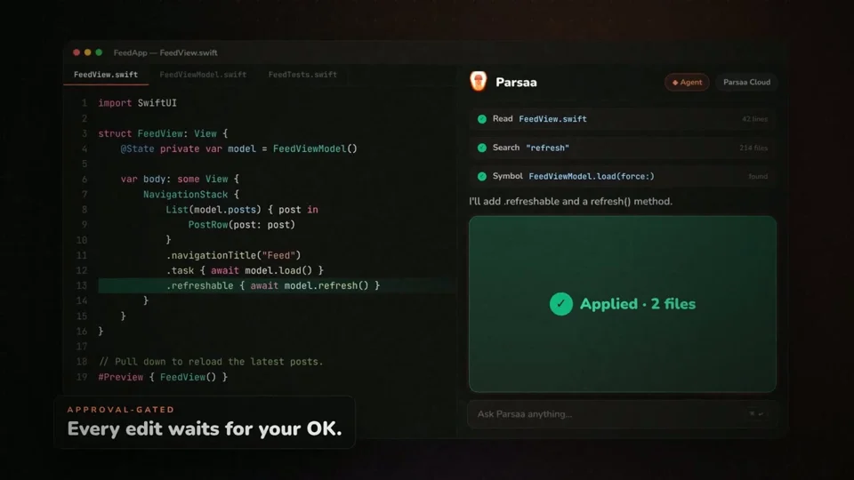 Code-editor mockup shows an approved AI edit