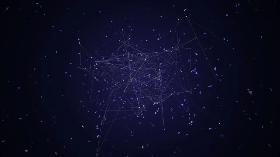 Low-poly wireframe shards assemble the logo