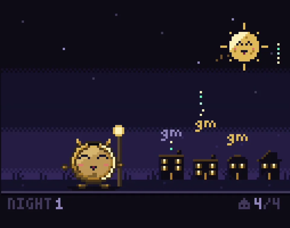 Pixel-art mage sends 'gm' greetings to wake a sleeping town