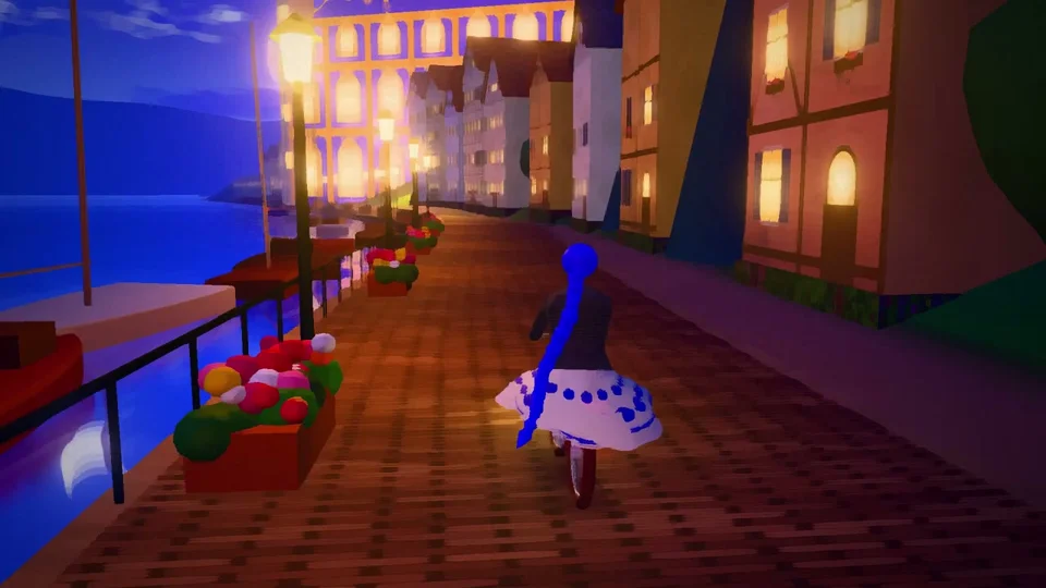 Girl in a white dress walks a lamp-lit harbor town at night