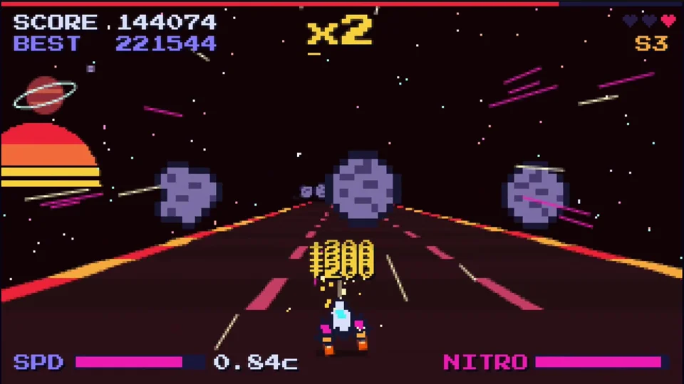 Pixel spaceship dodges asteroids on a neon space highway