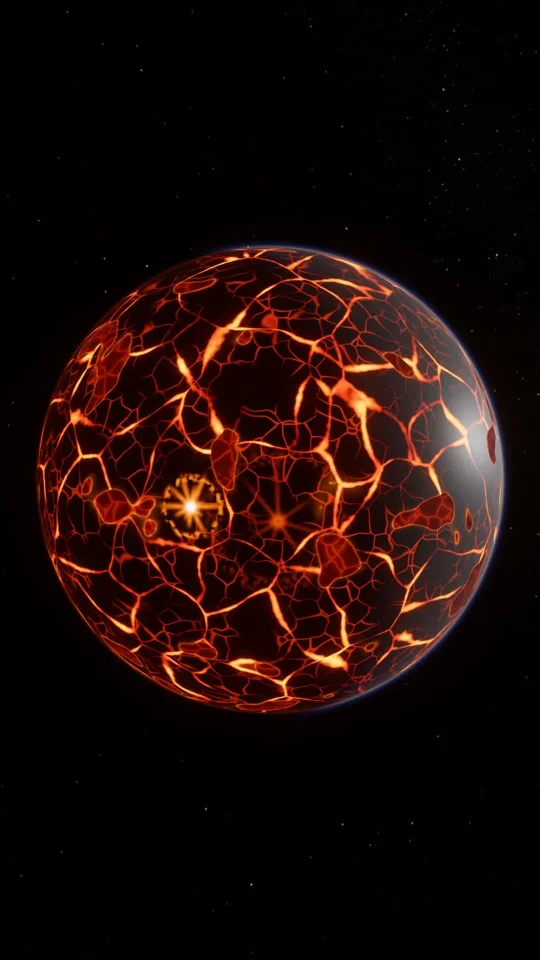 A glowing cracked lava-planet sphere hangs in space