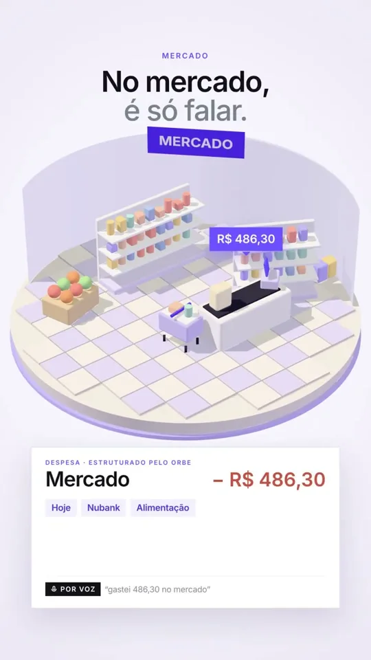 Isometric grocery scene logs a spoken expense
