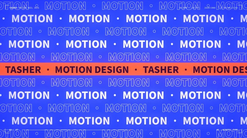 Tiled 'motion' wordmark frames a Tasher banner