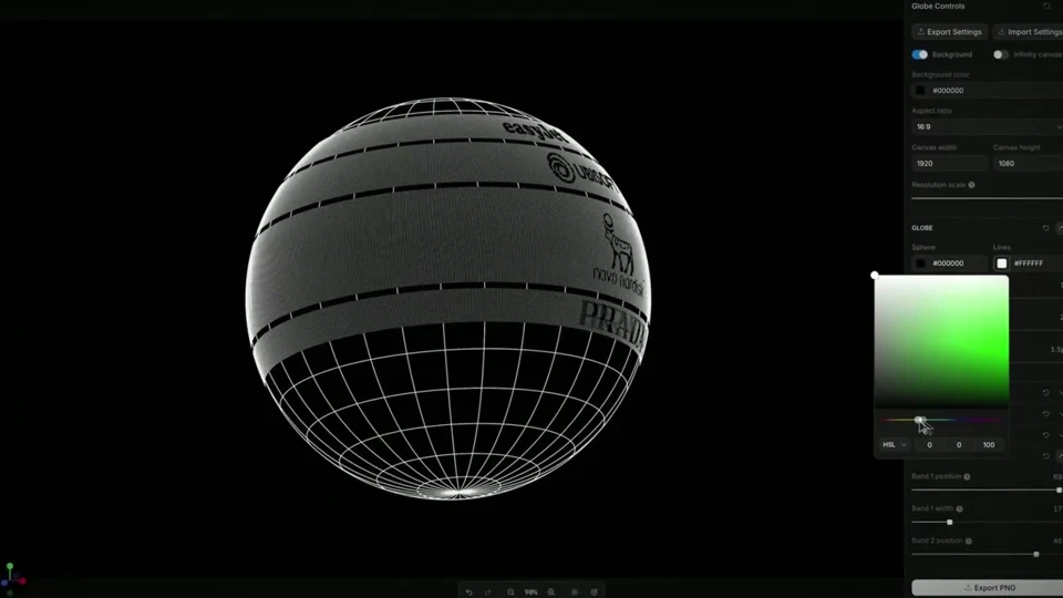 Wireframe logo globe gets recolored in a design tool