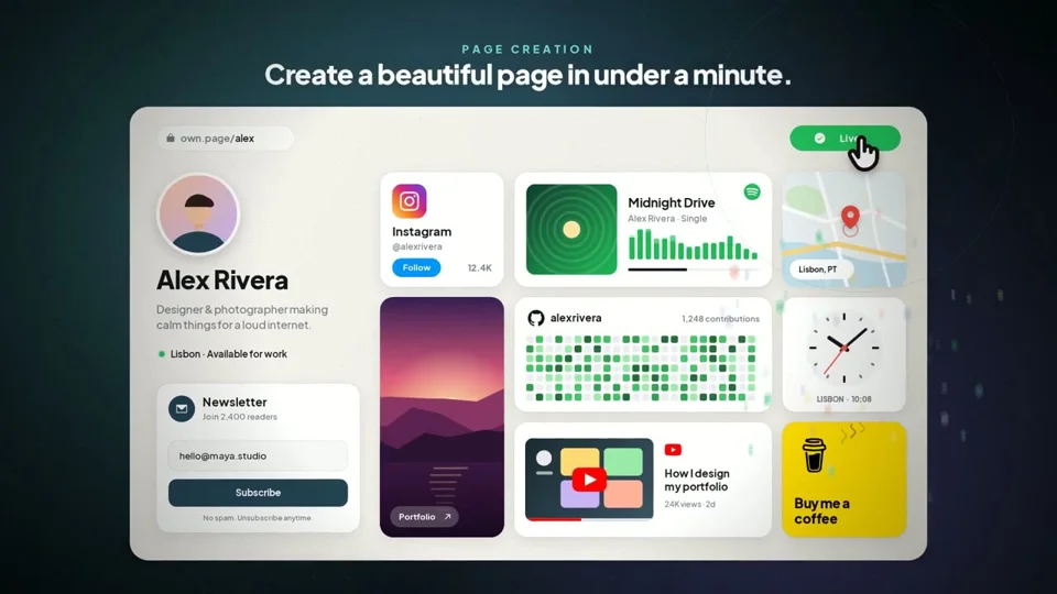 Link-in-bio page builder promo with widget cards