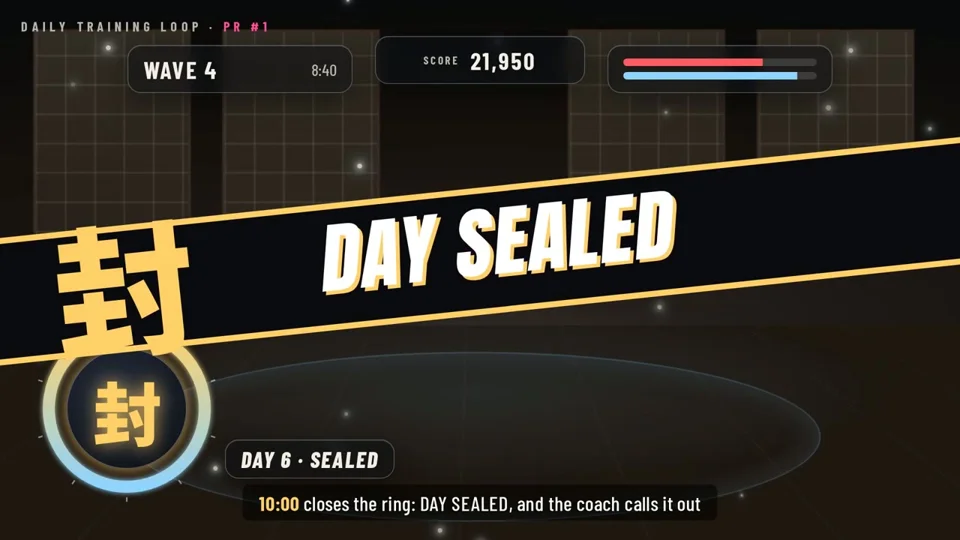 Training game UI seals a day streak and awards a yellow belt
