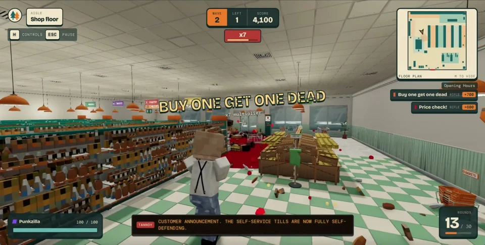 Blocky supermarket shooter with a store-announcer gag