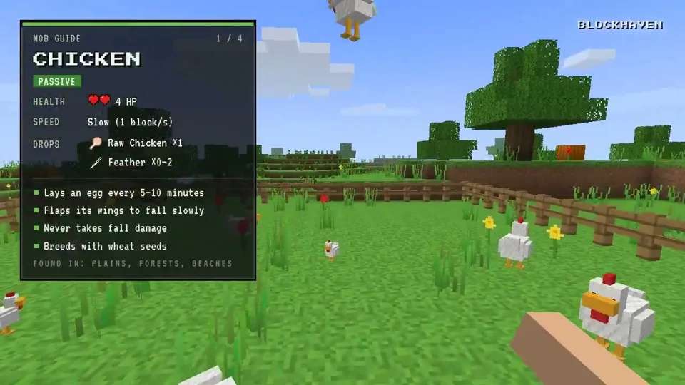Chickens show their stats in a Minecraft-style mob guide