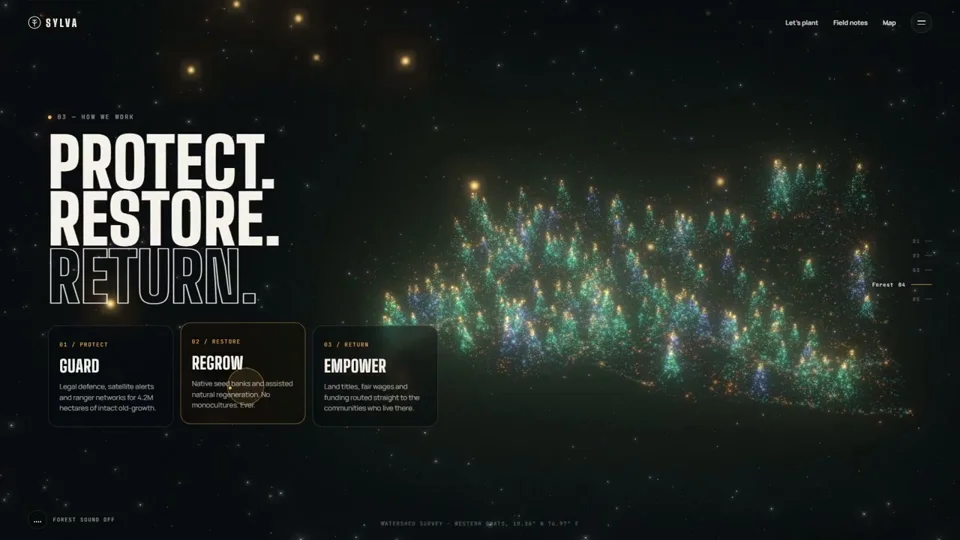Particle trees and seedlings drift through a forest conservation site