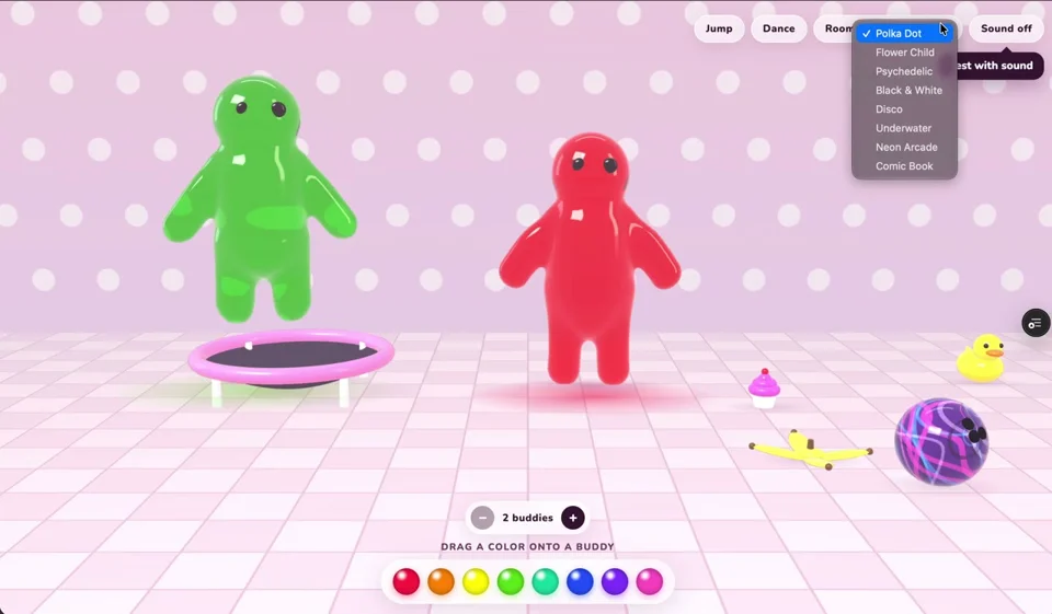 Glossy jelly buddies bounce around a pink playroom