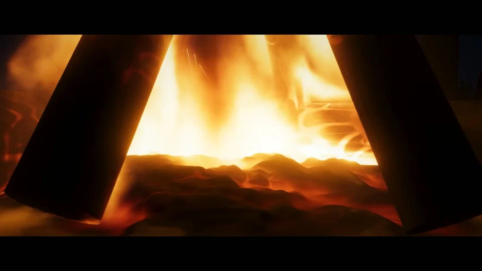 Campfire flames and smoke rise in a dark pine forest