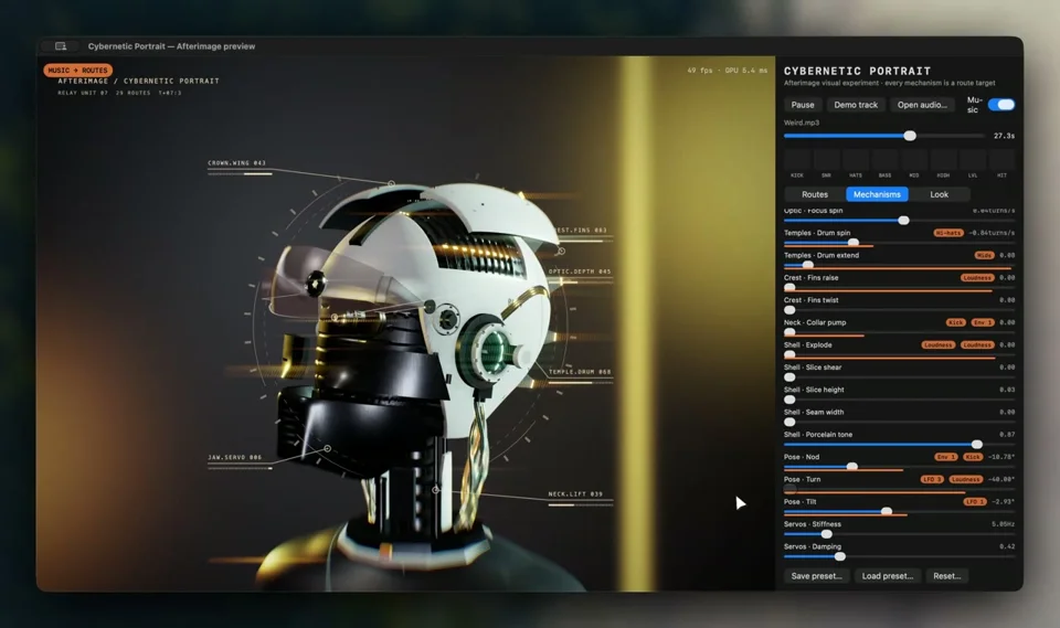 Robot-head music visualizer app with mechanism routes