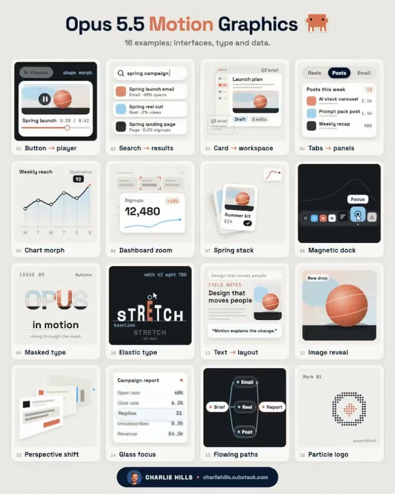 Sixteen UI motion studies laid out in a four-by-four grid