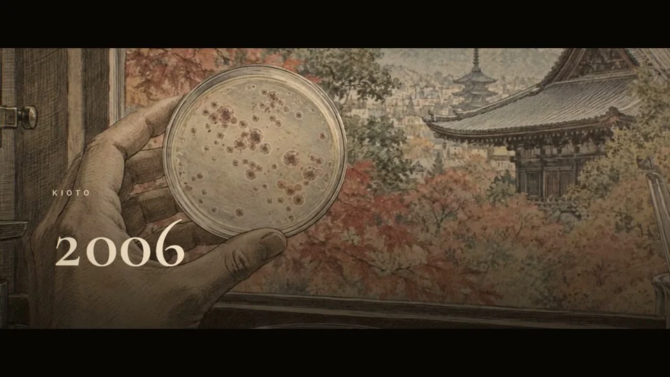 Etched hand holds a petri dish above autumn Kyoto
