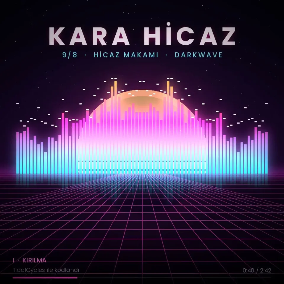 Synthwave EQ visualizer plays the coded track Kara Hicaz