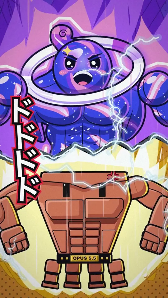 Muscular Opus mascot faces off against a cosmic rival