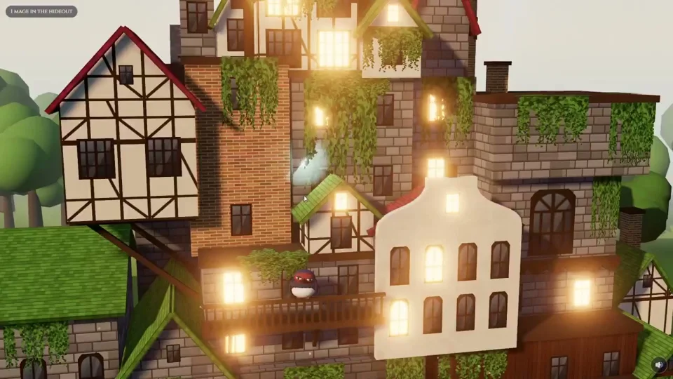 Lantern-lit Black Bulls hideout sits in a low-poly forest
