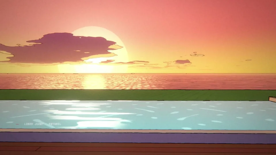Cel-shaded sunset over an infinity pool in a rap video