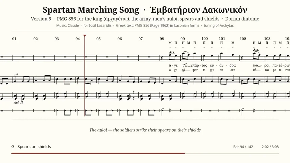 Scrolling score of a Spartan marching song