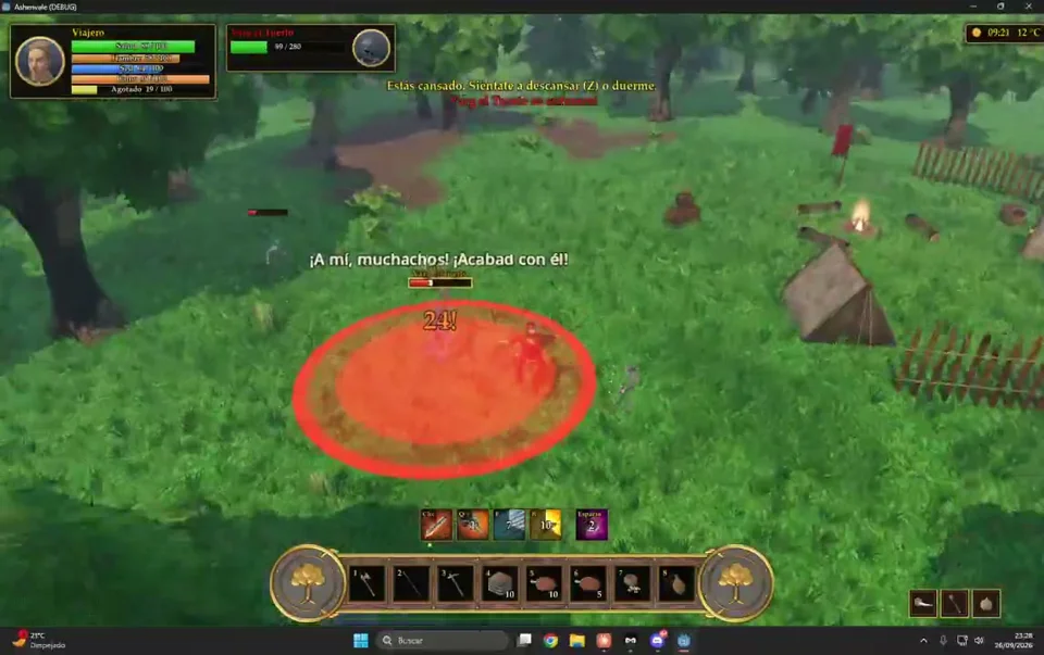 Survival RPG camp fight with an area attack in a forest