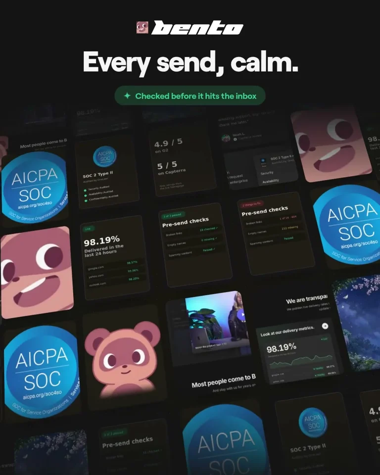 Bento email platform ad with inbox checks and delivery stats