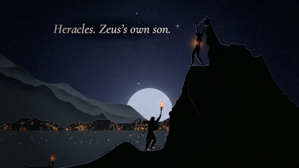 Silhouette Prometheus carries fire down to a sleeping world