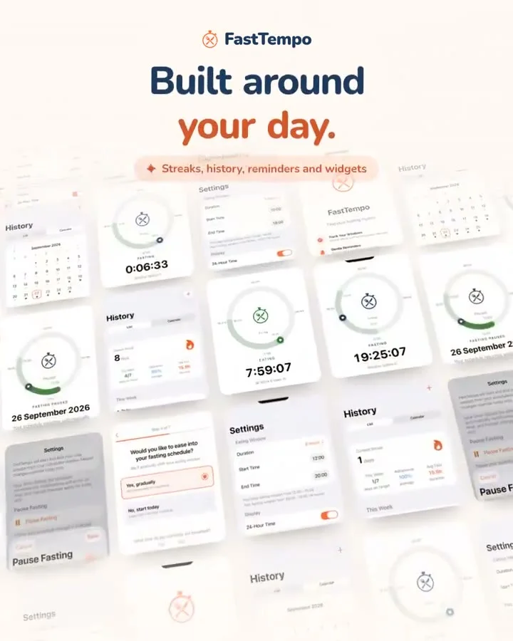 Fasting timer screens float by in a FastTempo app ad