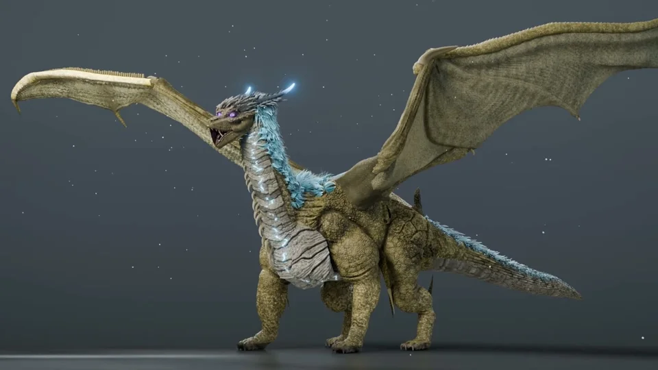 Feathered blue-and-gold dragon spreads its wings in Blender