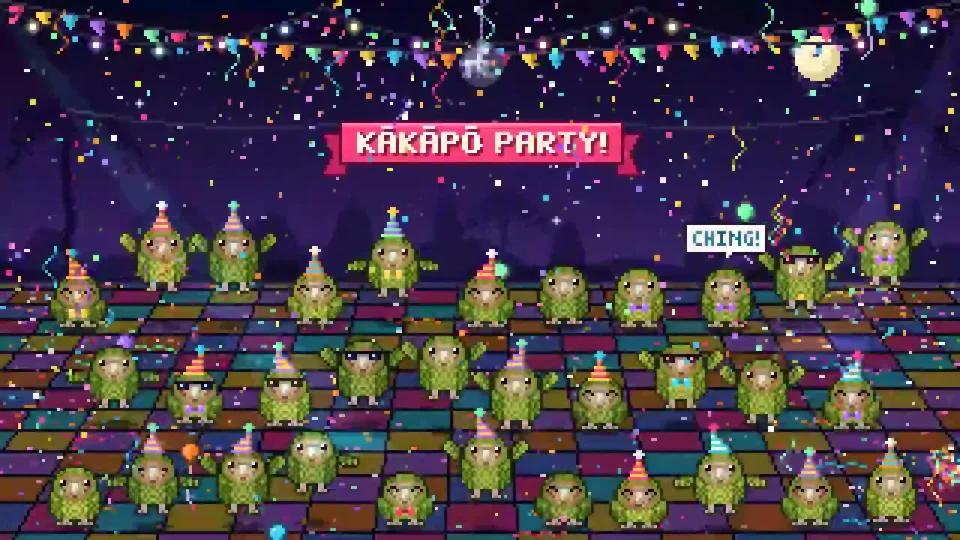 Pixel-art kākāpō dance party under a disco ball
