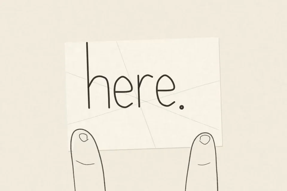 Stick-figure girl holds up a hand-drawn 'here.' card