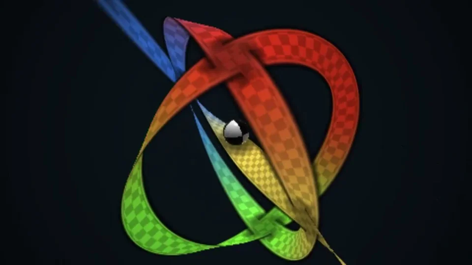 Checkered rainbow ribbons twist around a chrome ball
