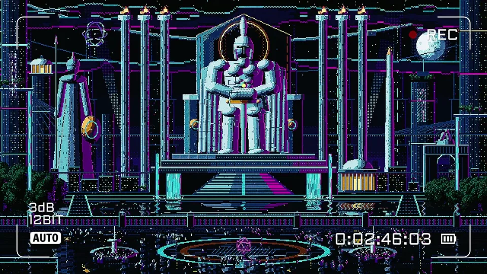 Pixel-art knight on a throne watches a neon city