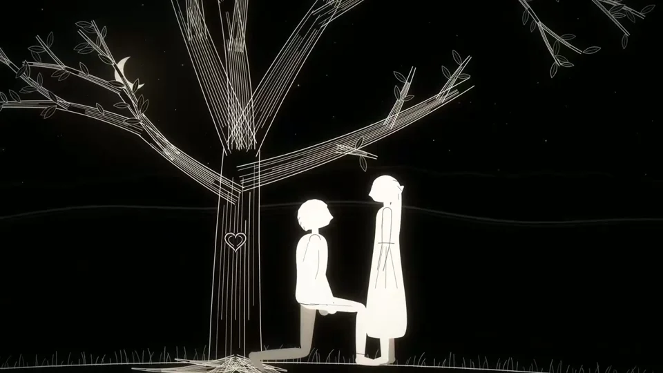 Glowing line-drawn couple grows old beneath a tree