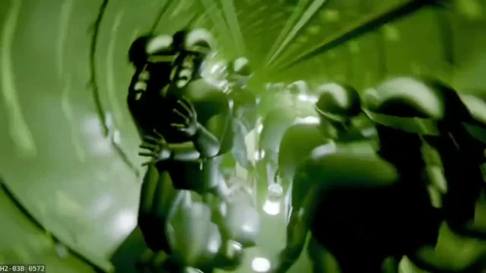 Gray figures crowd a green-lit tunnel in a Blender previs