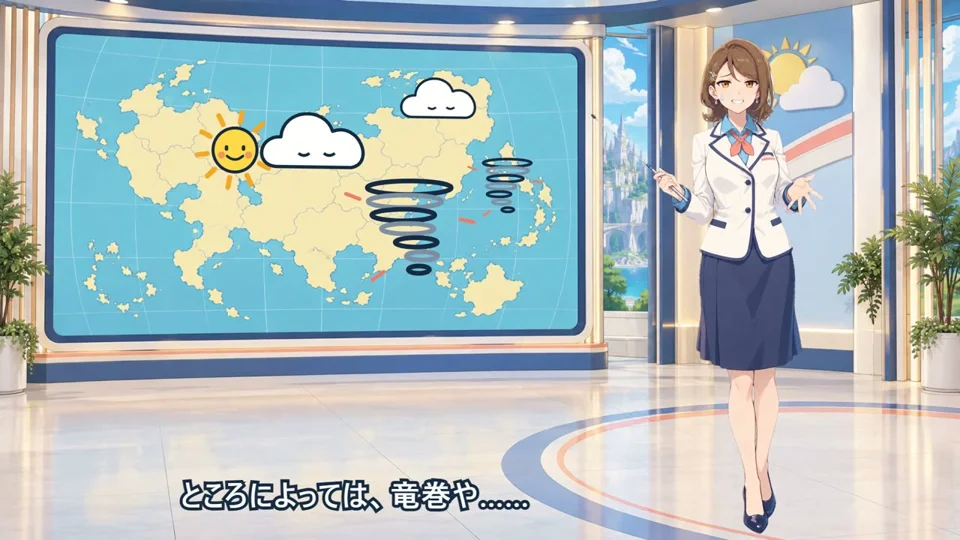 Anime weather presenter warns of tornadoes on a map