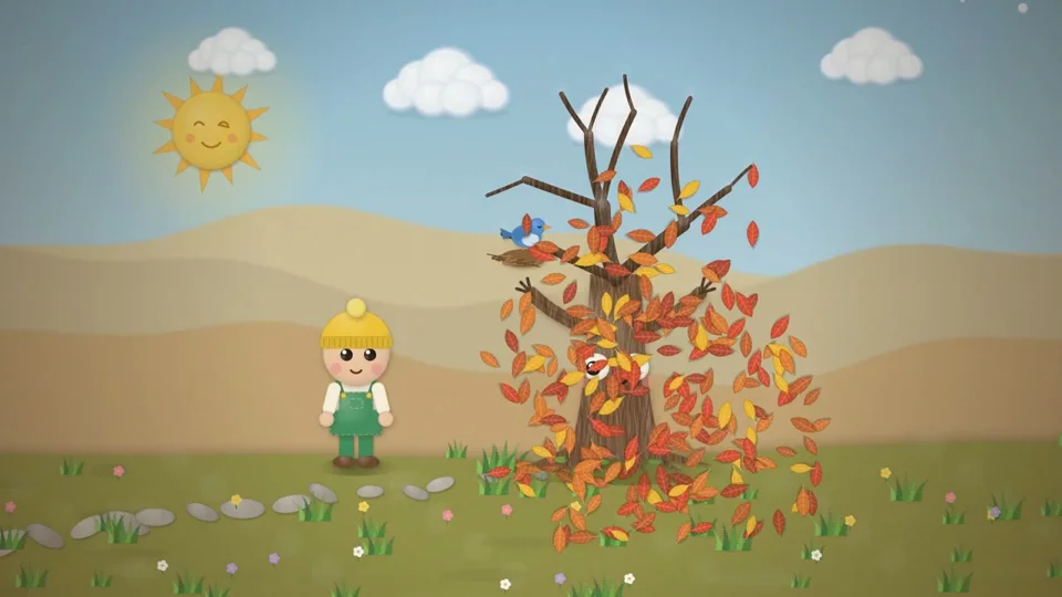 Cartoon kid and a smiling tree bloom in a nursery rhyme video