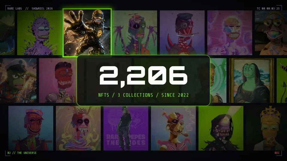 NFT art grids and a pixel game title fill a studio showreel