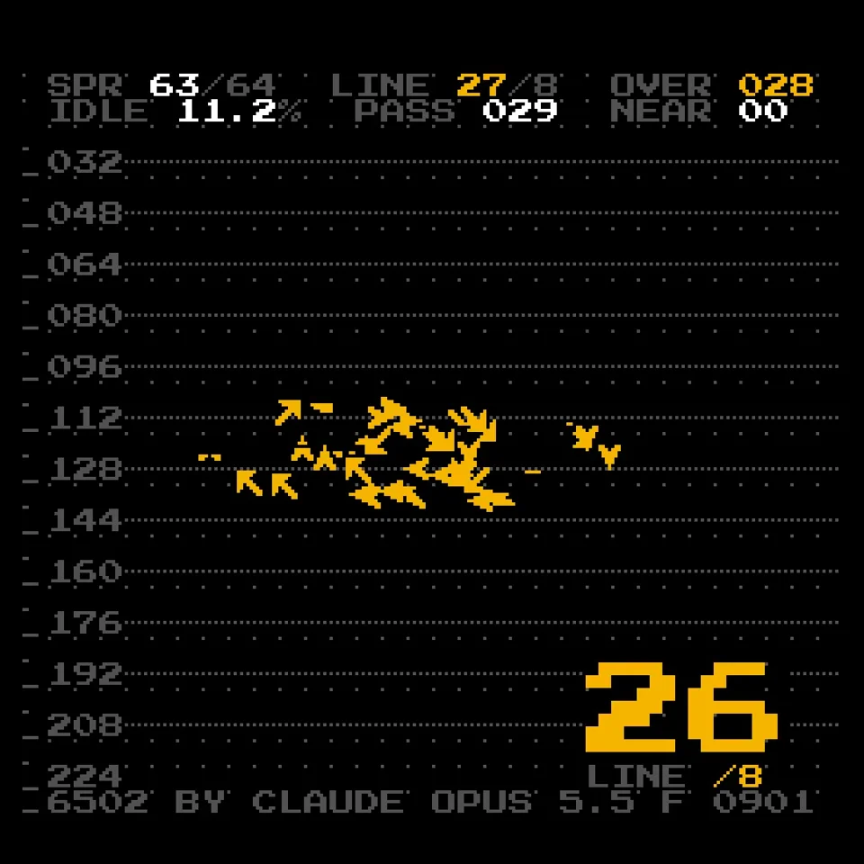 NES sprite arrows flock into a bird on a debug readout